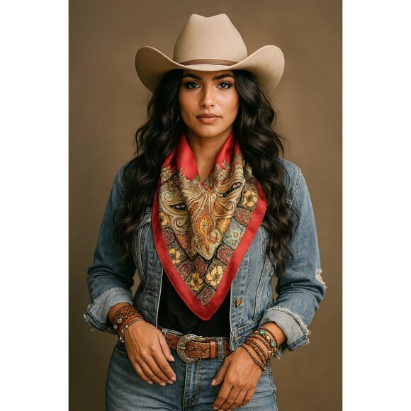 Square Silk Scarf Red With Ornate Paisley Floral Print 27.5 inch Square Wild Rag - Picture 13 of 16